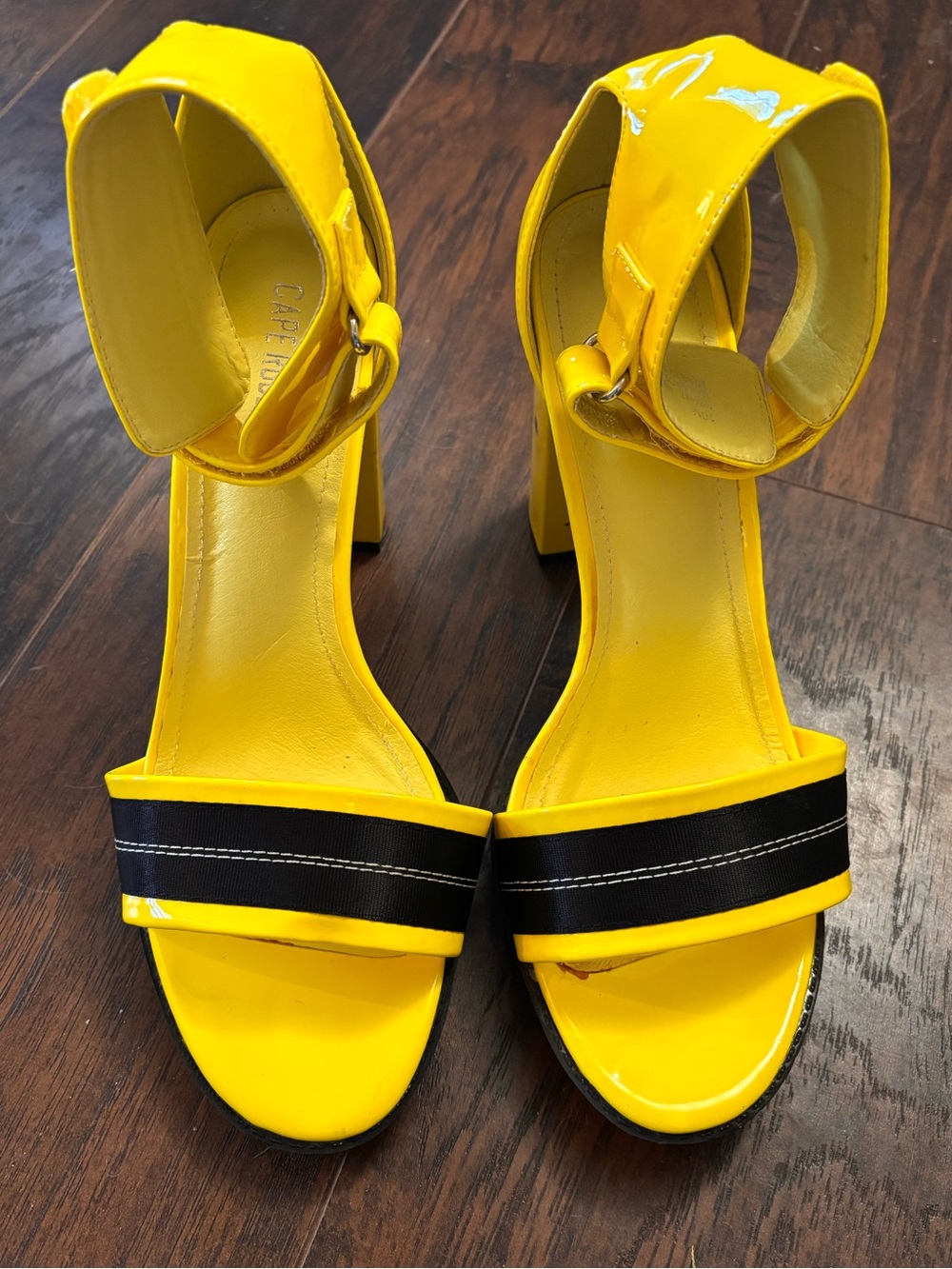 Yellow Ankle-Strap Block Heel Sandals with Black Band